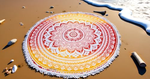 Mandala Round Beach Tapestry Boho Hippie Blanket Bohemian Large Table Cloth Home Decor Yoga Mat Meditation Picnic Rug Throw Hippy Gypsy Tablecloth Roundie (42 Inches, Yellow-Orange) - color: Yellow-orange, size: 42"L x 42"W