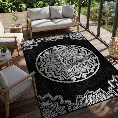 CAMILSON Outdoor Rug 6x9 Modern Area Rugs for Indoor and Outdoor Patios and Porches - Waterproof Washable Non-Shedding Easy-to-Clean Outside Carpet (6 x 9 Medallion - Black/White) - color: Medallion - Black / White, size: 6'7" x 9' (Rectangular)