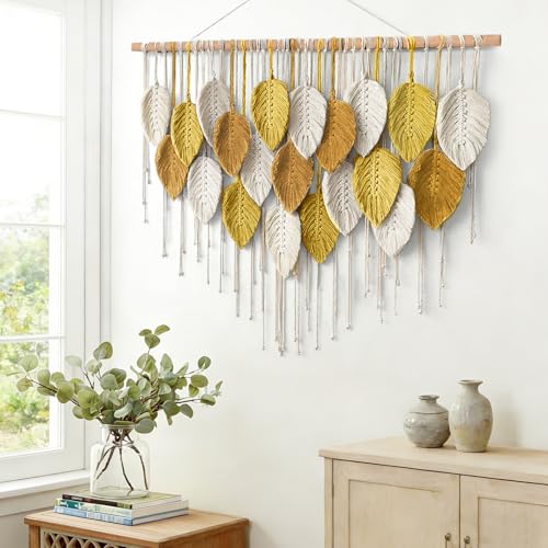 KHOYIME Large Macrame Wall Hanging Boho Woven Tapestry, Bohemian Farmhouse Handmade Yellow Leaf Feather Wall Art Chic Modern Home Decoration for Living Room Bedroom Nursery Dorm Backdrop 39"W X 29.5"L - color: Yellow Brown-39"W x 29.5"L