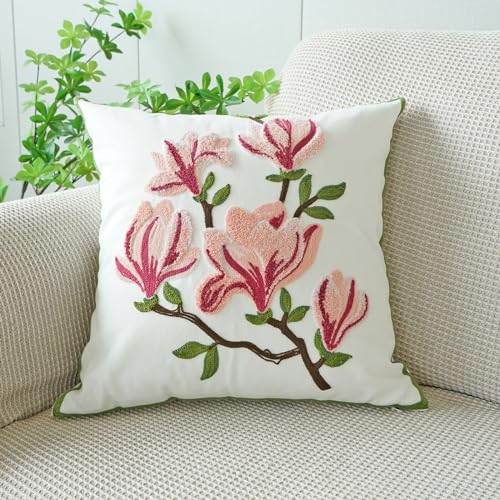 vctops Farmhouse Magnolia Flower Cotton Tufted Throw Pillow Cover Spring Floral Embroidery Pillowcase Soft Square Cushion Case for Sofa Couch Bed Chair (Pink E,18"x18") - color: Pink E
