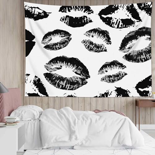 SCECALA Black and White Kiss Lips Tapestry Modern Fashion Makeup Wall Art Tapestry Vintage Fashion Aesthetic Wall Hanging for Girls Bedroom College Dorm Makeup Room Home Decor 80x60 Inch - color: Black, size: 60"L x 80"W