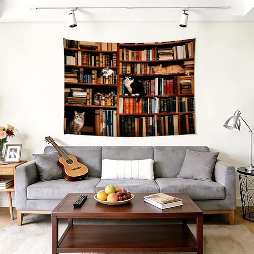 gsgfdshf Vintage Cat Library Wall Tapestry, Cat Room Decor, Retro Bookshelf Cute Kitten Tapestry Wall Hanging for Bedroom Home Reading Nook Room Library Decor, 50x60 Inch - color: Landscape Text-Tapestry-G