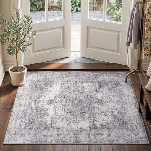 jinchan Area Rug 3x5 Washable Doormat Vintage Distressed Rug Door Mat Indoor Entrance Thin Traditional Gray Floral Lightweight Non Slip Carpet for Kitchen Bedroom Living Room Grey - color: Vintage Grey, size: 3' x 5' (Rectangular)