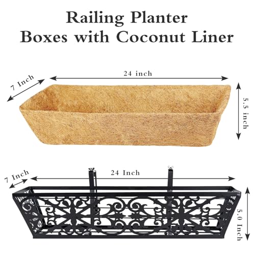 4 Pack 24 Inch Window Boxes Planters Railing Planter Box with Adjustable Brackets & Coco Liners Fabric Plant Grow Bags Deck Railing Planter Boxes Balcony Hanging Flower Box for Outdoor Plants - color: 4 Pack-black, size: 24 Inch