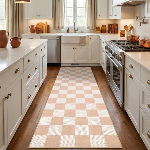 GarveeHome Checkered Blush Beige Neutral 2x6 Washable Kitchen Runner Rug Geometric Modern Soft Low-Pile Stain Resistant Rug for Bedroom Hallway Entryway Nursery Non-Slip TPE Backing - color: Blush Beige, size: 2' x 6' (Rectangular)