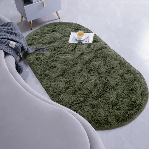Goideal Fluffy Bedroom Rug, Small Oval Area Rugs, Olive Green Shag Bedside Carpet for Kids Room Nursery Dorm Cute Fuzzy Indoor Decor for Boy and Girl, 2.6 x 5.3 Feet - color: Olive Green