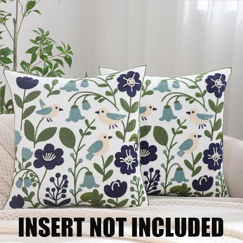 Embroidered Throw Pillow Covers 18x18 Pack of 2 Birds Pillow Covers Green Leaves with Floral Pillowcases Farmhouse Pillow Cushion Cases Square Navy Blue Flower Pillow Case Summer Home Decor - color: Green Leaves With Birds