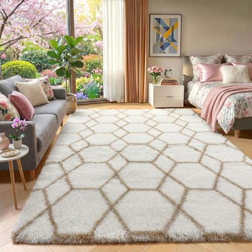 ONASAR Area Rugs for Bedroom Living Room, Fluffy 4x6 White and Beige Throw Rug, Geometric Boho Shaggy Soft Plush Indoor Floor Carpet for Nursery Kids Girls Boys Teen Dorm Home Decor Aesthetic - color: 3- White / Beige, size: 4' x 6' (Rectangular)
