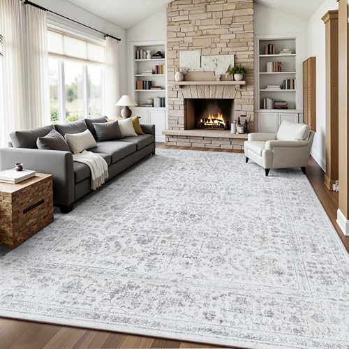 9x12 Area Rugs for Living Room, Washable Vintage Retro Floral Rug, Low Pile Non Slip Distressed Large Carpet for Bedroom, Dining Room, Office, Home (Grey) - color: A-grey, size: 9' x 12' (Rectangular)