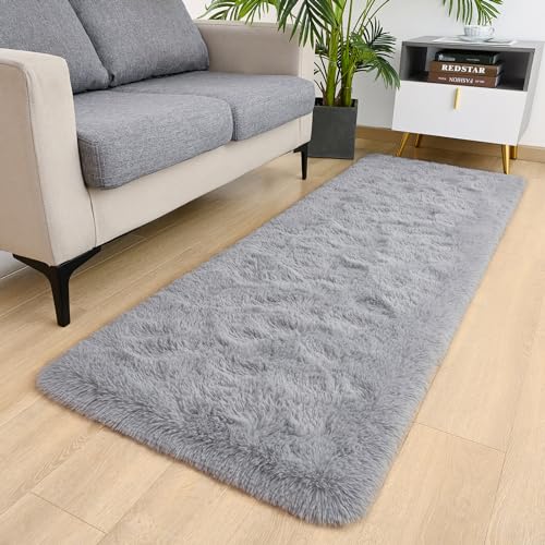 DETUM Grey Runner Rug 2X6 Gray Rug for Bedroom Kitchen Bedside Hallyway Entryway Grey Runners Super Soft and Fluffy Carpets Washable Kids and Pets Friendly - color: Grey, size: 2 x 6 feet