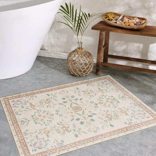 MUJOO Boho Small Rug Washable,2x3 Area Rugs for Entryway,Floral Front Door Mat Indoor Entrance Entry Way,Boho Kitchen Bathroom Floor Rug Throw Carpet Non Slip Low Pile Vintage Beige - color: Beige, size: 2' x 3' (Rectangular)