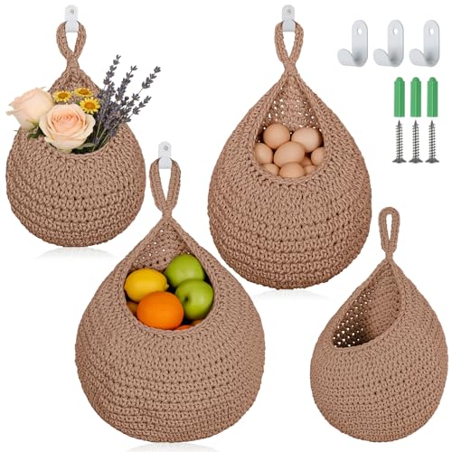 3 Pack Hanging Fruit Baskets with Hooks, Handwoven Cotton Wall Storage Baskets for Fruit Vegetable Plant 3 Sizes, Boho Decor Hanging Holder Teardrop Produce Basket for Kitchen Storage, Brown - color: Brown, size: 3 Pack