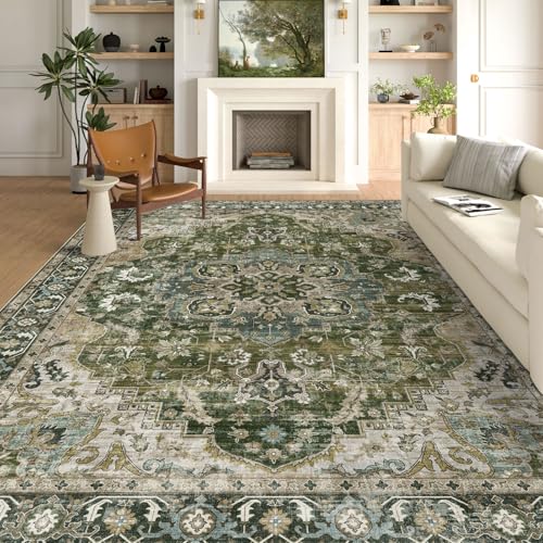 LUXRUG Area Rugs 9x12 Living Room - Large Washable Moss Green Boho Rugs for Bedroom Soft Vintage Rug Ultra-Thin Farmhouse Oriental Carpet Stain Resistant Rug for Dining Room Guest Room Home Decor - color: Moss Green, size: 9' x 12' (Rectangular)