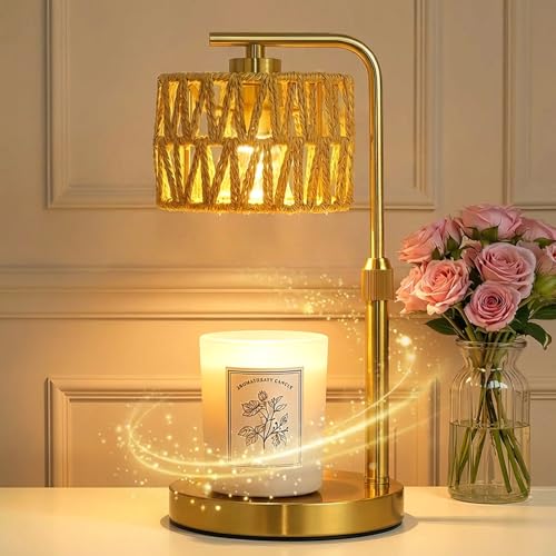 Candle Warmer Lamp with Timer, Dimmable Candle Warmer for Jar Candles, Height Adjustable Candle Lamp Warmer, Boho Rattan Lampshade and 2 Bulbs, Gift for Home Room Decor, Gifts for Women Mom (Gold) - color: Boho-gold