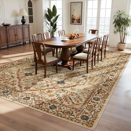 Joydeco 9x12 Area Rugs for Living Room, Non Slip Machine Washable Vintage Rug, Low Pile Chenille Print Rugs for Bedroom, Dining Room, Home Office, Pet & Child Friendly, Tan - color: Tan, size: 9' x 12' (Rectangular)