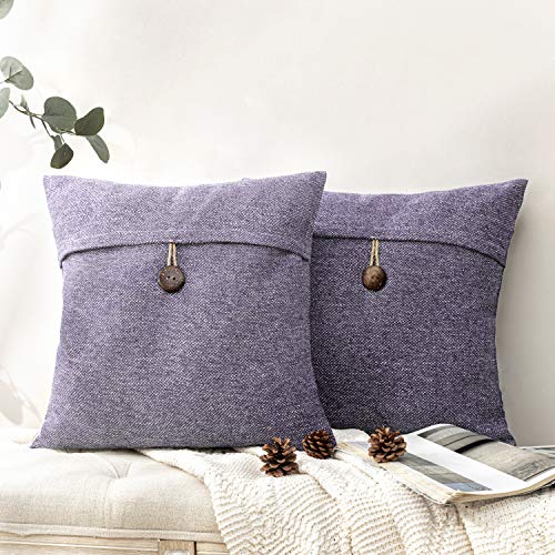 Phantoscope Pack of 2 Farmhouse Throw Pillow Covers Button Vintage Linen Decorative Pillow Cases for Couch Bed and Chair Purple 18 x 18 inches 45 x 45 cm - color: Purple, size: 18" x 18" (Pack of 2)
