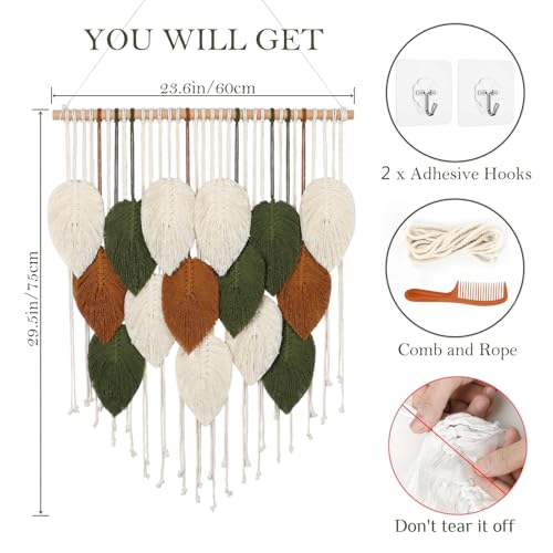 KHOYIME Macrame Wall Hanging Boho Woven Tapestry, Chic Home Decor Modern Bohemian Handmade Leaf Feather Wall Art Decorations for Apartment Dorm Living Room Bedroom Nursery Backdrop 23.6" W X 29.5" L - color: 23.6"W x 29.5"L