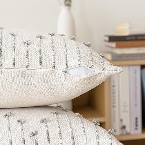 LILEPOY Boho Throw Pillow Covers 12x20 Set of 2 Neutral Decorative Textured Cushion Case Farmhouse Pillowcase Modern Lumbar Pillow Covers for Sofa,Couch, Living Room,Beige and Grey - color: Beige and Grey, size: 20" x 12" (Pack of 2)