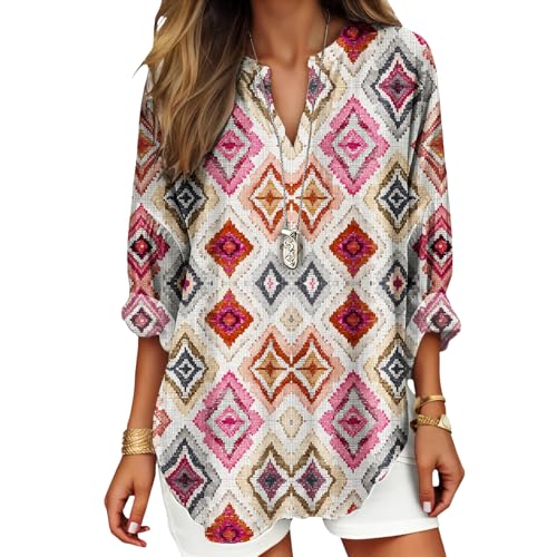 Women's 3/4 Sleeves V Neck Blouses Southwestern Tribal Stripe Serape Colorful Print Plus Size Resort Casual Outfit - color: Blue Black, size: X-Large