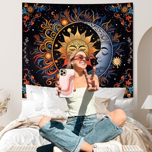 Apdidl Hippie Sun and Moon Tapestry Wall Hanging for Bedroom Aesthetic, Boho Bohemian Hippy Mystic Floral Tapestries, Mandala Floral Backdrop Decor for Living Room Dorm (51"X60") - color: Boho Sun Tapestry, size: 60"L x 51"W