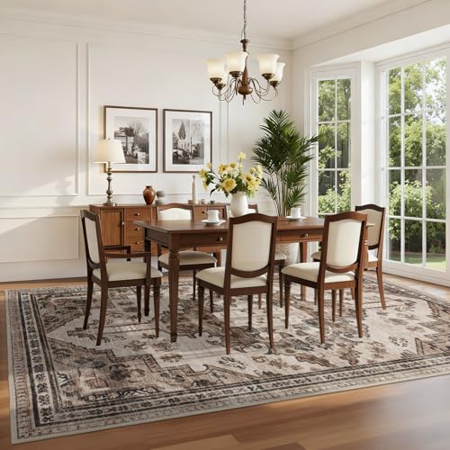 Joydeco 4x6 Area Rugs for Living Room, Non Slip Machine Washable Vintage Rug, Low Pile Chenille Print Rugs for Bedroom, Dining Room, Home Office, Pet & Child Friendly, Light Coffee - color: Light Coffee, size: 4' x 6' (Rectangular)