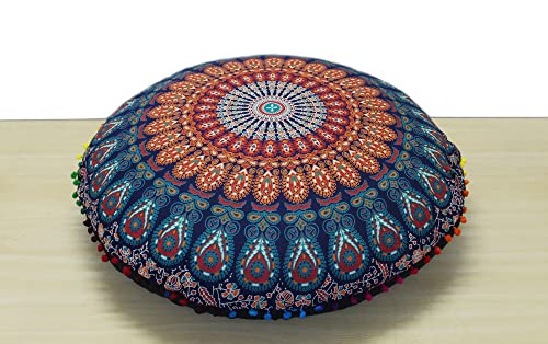 CRAFT KALA 32" in Round Mandala Floor Pillow Cushion Cover Seating Throw Cover Hippie Decorative Bohemian Ottoman Poufs Pillow Cover Cases Boho Cotton Living Yoga Home Décor Room (Multi Peacock) - color: Multi Peacock
