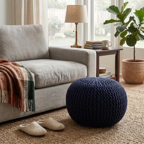 BIRDROCK HOME Round Pouf Ottoman Foot Rest - 18.5”x18.5”x15” Boho Compact Comfortable Soft Cotton Braided Foot Stool with Bean Bag Filling for Living Room, Bedroom, or Nursery (Navy) - color: Navy