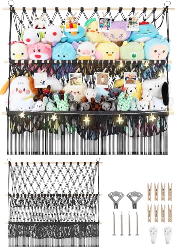 2 Tier Stuffed Animal Storage Shelf Net, 35x30'' Large Plushie Net w/ 2.4/1'' Dense Mesh for Mini Medium Stuffy Teddy, Black Boho Macrame Toy Holder Display w/ Lights&Clips for Nursery Kid Girl Boy - color: Black, size: Large-2 Tier-35x30 Inch