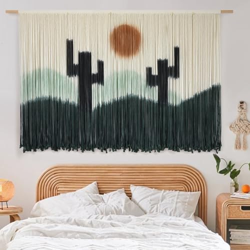 Macrame Wall Hanging Green Cactus Wall Decor Macrame Wall Decor 57" W x 35" L Dip-Dye Large Yarn Tapestry Fiber Art Home Decor - color: Green1