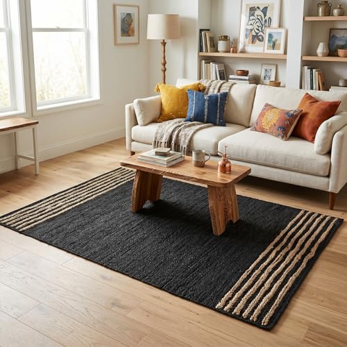 GRUHUM Black Jute Area Rug 3x5ft - Natural Fiber Rectangular Black Leather Handwoven Boho Farmhouse Soft Braided Vintage Eco Friendly Rugs Indoor Living Room Kitchen Hallways Enterways Doormat 3x5 ft - color: Natural Black- 20, size: 3' x 5' (Rectangular)