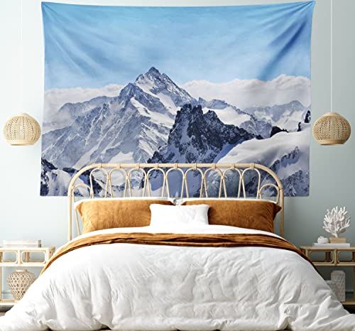 Ambesonne Winter Tapestry, Snowy Rocky Mountain Peaks Tops Scene High Lands ICY Frozen Swiss Outdoor Art, Wide Wall Hanging for Bedroom Living Room Dorm, 60" X 40", Blue and White - color: White Blue, size: 60"L x 40"W