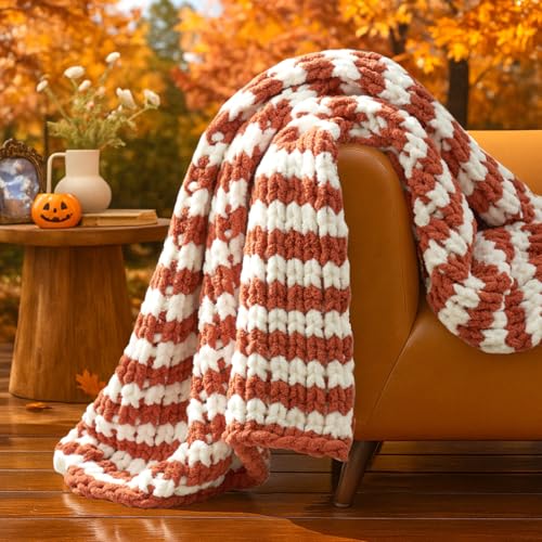 Amélie Home Chunky Knit Throw Blanket for Couch, Soft Chenille Handmade Crochet Throw Rope Knot Blanket for Couch, 50"x60", Burnt Orange & White Striped - color: Burnt Orange/White Stripe, size: 50"x60"