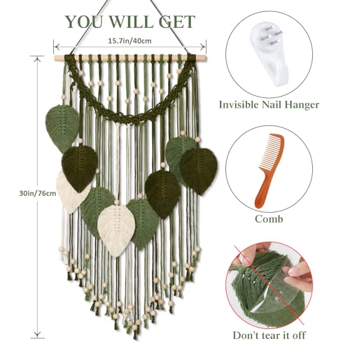 Weldomcor Macrame Wall Hanging Boho Leaf Woven Tapestry, Bohemian Chic Home Decor Modern Handmade Leaves Feather Wall Art Decorations for Bedroom Living Room Apartment Ornament 16.5"W X 31.5"L (Army Green) - color: Army Green