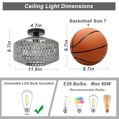 Boho Light Fixtures Ceiling Mount，Rattan Ceiling Light Fixture with Dimmable LED Bulb，Mini Hand Woven Chandelier Light Fixtures Ceilingfor Hallway Bedroom Kitchen Entryway Living Room（Grey） - color: Gray