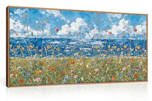 BICERE Large Blue Seaside Wildflower Framed Canvas Wall Art,Modern Nature Ocean Wall Decor,Rustic Sky Printing,White Cloud Landscape Artwork for Living Room,Bedroom,Dining Room-20"x40"x1 - color: Seaside Flowers Wall Art, size: 40"L x 20"W