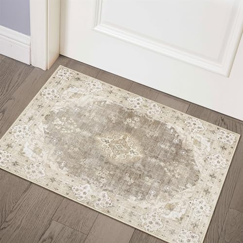 MUJOO Beige Rug 2'x3',Small Washable Area Rugs for Entryway Kitchen Bathroom Bedroom,Boho Vintage Bohemian Distressed Farmhouse Non Slip Carpet, Floral - color: Beige, size: 2' x 3' (Rectangular)