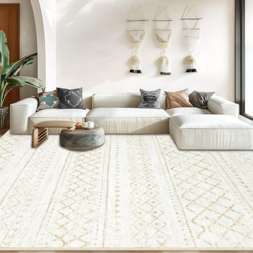 Area Rug for Living Room 9x12: Large Washable Boho Moroccan Rugs Geometric Neutral Rug, Non-Slip Foldable Morden Farmhouse Indoor Floor Carpet for Bedroom Dining Table Home（Beige,9X12） - color: Beige, size: 9' X 12' (Rectangular)