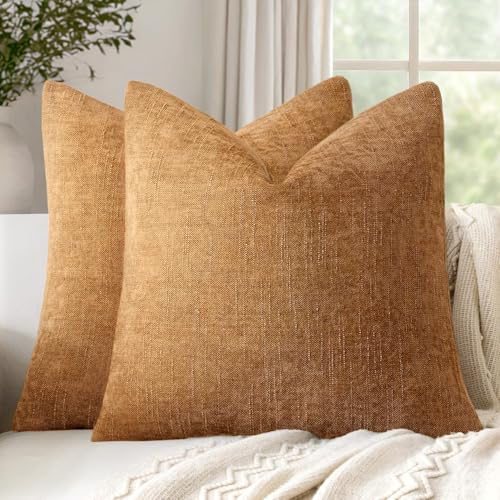 18x18 Inch Set of 2 Textured Throw Pillow Covers Decorative Soft Accent Square Chenille Pillowcases Neutral Farmhouse Cushions Modern Home Decor for Couch Sofa Bedroom Living Room,Golden Brown - color: Golden Brown, size: 18" x 18" (Pack of 2)