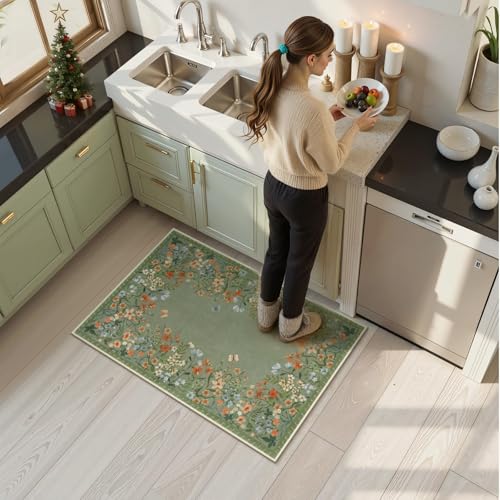 Wonnitar 2x3 Washable Area Rug, Green Floral Entryway Rug, Boho Small Non Slip Rug for Bathroom, Soft Kitchen Accent Carpet, Ultra Thin Bedside Laundry Decor (2x3 Green) - color: Green, size: 2' x 3' (Rectangular)
