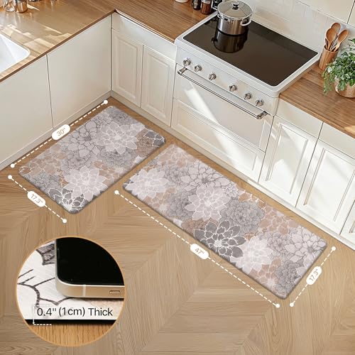 GENIMO Kitchen Mats for Floor, Kitchen Rugs Non Slip Washable Sets of 2, Waterproof Cushioned Anti Fatigue Mat, Floral Runner Rug for Laundry, Sink, Office, Home, 17.3"x47"+17.3"x30", Taupe Grey - color: Taupe Grey, size: 17.3"x47"+17.3"x30"