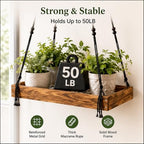 Novabright Hanging Window Plant Shelf, 16 Inch Wooden Macrame Style Shelf with Metal Grid Frame, Adjustable Cotton Rope Indoor Holder for Window, Wall or Ceiling, 50 lb Capacity