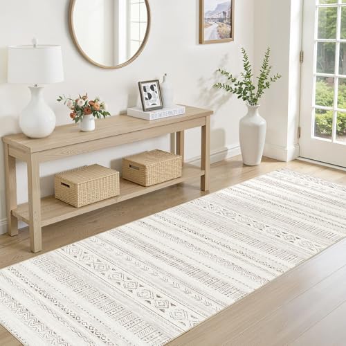 cotiled Hallway 2.6x8 Runner Rugs: Washable Boho Rugs with Non Slip Backing Large Soft Indoor Low Pile Carpet for Living Room Bedroom Farmhouse Dining Room Lightweight Home Decor L Brown/Cream - color: Light Brown/Cream, size: 2.6' x 8' (Runner)