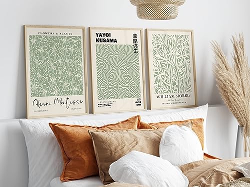 HesenDot Matisse Sage Green Wall Art Set of 3,William Morris Wall Art Decor,12x16IN Truly Quality Canvas Wall Art Pictures,Yayoi Kusama Print, Unframed Fabric wall art,Art poster decoration for - color: Sage Green Wall Art Unframed, size: 16"L x 12"W