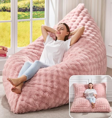 Hobestluk 3 in 1 Bean Bag Chair Giant Bean Bag Chairs for Adults with Bubble Cover Convertible Bean Bag Floor Cushion with Machine Washable Cover for Living Room (Bubble Pink) - color: Peach Pink