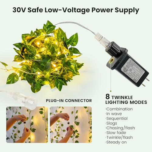HEYFUNi Vines with Lights, 23 Ft 73 Led Faux Pothos String Lights Plug in, Leaf Lights for Bedroom, Wall, Balcony, Wedding Decor, Warm White - color: Pothos, size: 73 LED-Plug in