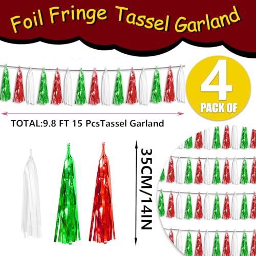 4P Red Green White Foil Fringe Metallic Tassel Streamers Banner Tassel Garland for Parade Floats, Graduation, Wedding, Birthday, Halloween, Christmas, Mexican Italian Birthday Party Decorations - color: Red Green White
