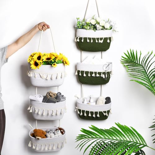SiliFine Over the Door Hanging Basket Boho Woven Wall Hanging Baskets 3-Tier Cotton Wall Mounted Storage Organizer Bag Macrame Decorative for Kitchen Laundry Room Stairs(White) - color: White