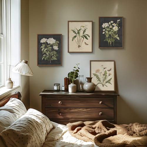 Framed Vintage Botanical Wall Art Bedroom, 4 Piece Rustic Farmhouse Floral Canvas Prints Artwork, Neutral Flower Butterfly Pictures for Modern Farmhouse Living Room Kitchen Bathroom Wall Decor, 11x14 - color: Vintage - Walnut Framed, size: 11" W x 14" H x