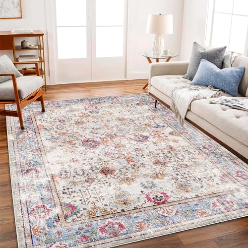 CHAMPLANT Washable 9'x12' Area Rug Vintage Traditional Distressed Indoor Foldable Thin Retro Accent Floral Non Slip Carpet Living Room Dining Room Office - color: Cyan and Purple, size: 9' x 12' (Rectangular)
