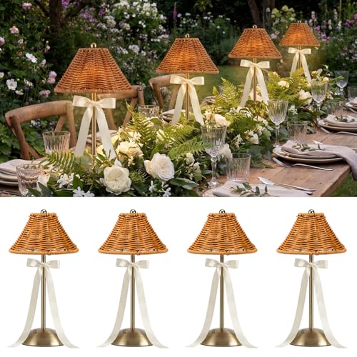 4 Pack Wedding Cordless Rattan Table Lamps Wicker Night Light LED Rechargeable Reading Lights 3 Color Portable Touch Control Party Decor with Bows for Outdoor Party Wedding Patio - style: Rattan